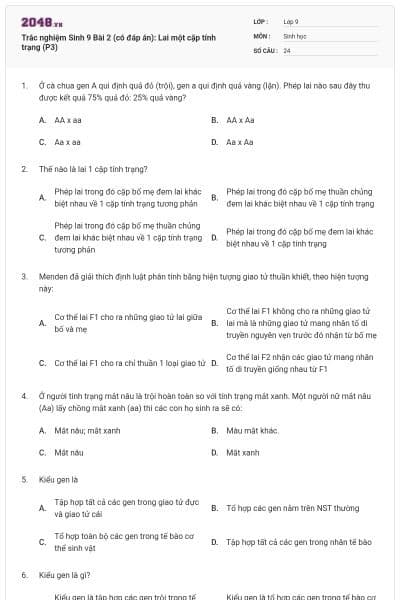 Trắc nghiệm Sinh 9 Bài 2 (có đáp án): Lai một cặp tính trạng (P3)