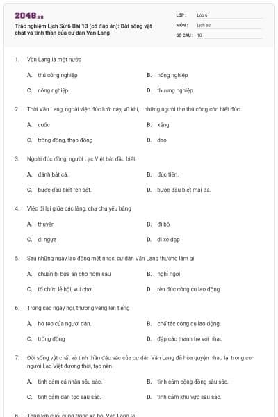 Trắc nghiệm Lịch Sử 6 Bài 13 (có đáp án): Đời sống vật chất và tinh thần của cư dân Văn Lang