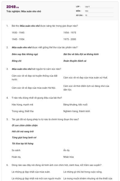 Trắc nghiệm: Mùa xuân nho nhỏ