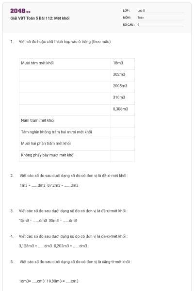 Giải VBT Toán 5 Bài 112: Mét khối