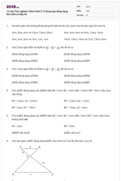 12 câu Trắc nghiệm Toán 8 Bài 5: Trường hợp đồng dạng thứ nhất có đáp án