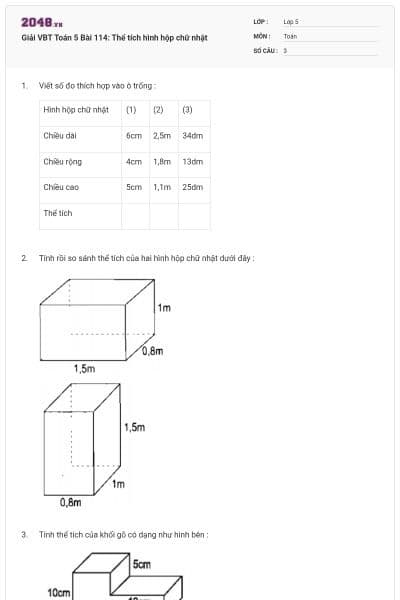 Giải VBT Toán 5 Bài 114: Thể tích hình hộp chữ nhật