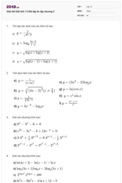 Giải sbt Giải tích 12 Bài tập ôn tập chương 2
