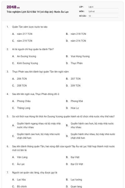 Trắc nghiệm Lịch Sử 6 Bài 14 (có đáp án): Nước Âu Lạc