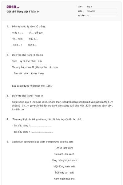 Giải VBT Tiếng Việt 3 Tuần 14