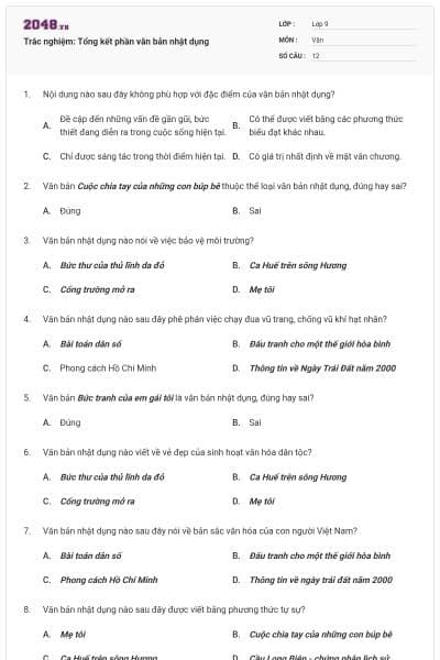 Trắc nghiệm: Tổng kết phần văn bản nhật dụng