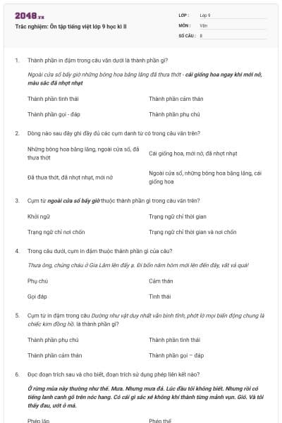 Trắc nghiệm: Ôn tập tiếng việt lớp 9 học kì II