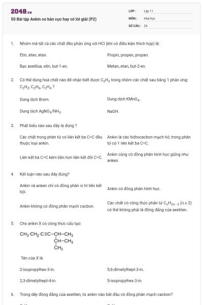 50 Bài tập Ankin cơ bản cực hay có lời giải (P2)