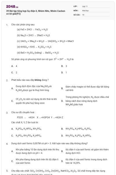 39 Bài tập tổng hợp Sự điện li, Nhóm Nito, Nhóm Cacbon có lời giải(P2)