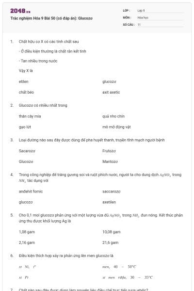 Trắc nghiệm Hóa 9 Bài 50 (có đáp án): Glucozơ