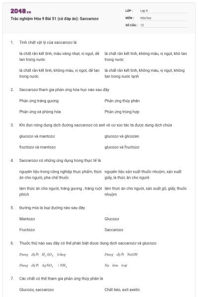 Trắc nghiệm Hóa 9 Bài 51 (có đáp án): Saccarozơ