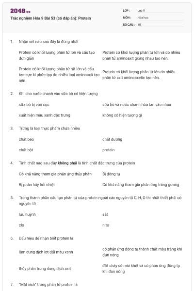 Trắc nghiệm Hóa 9 Bài 53 (có đáp án): Protein