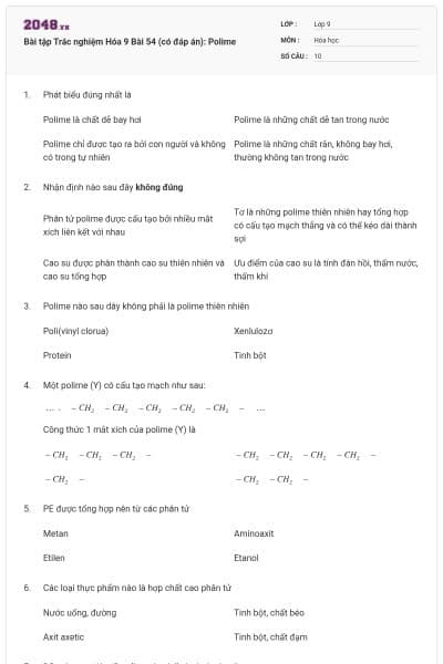 Bài tập Trắc nghiệm Hóa 9 Bài 54 (có đáp án): Polime