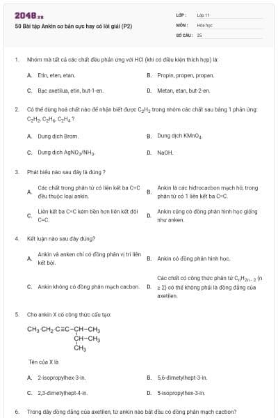 50 Bài tập Ankin cơ bản cực hay có lời giải (P2)
