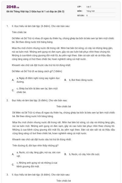 Đề thi Tiếng Việt lớp 2 Giữa học kì 1 có đáp án (Đề 3)