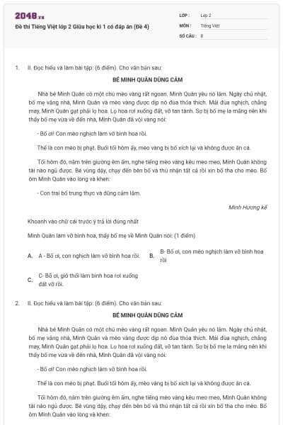 Đề thi Tiếng Việt lớp 2 Giữa học kì 1 có đáp án (Đề 4)