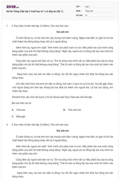 Đề thi Tiếng Việt lớp 2 Cuối học kì 1 có đáp án (Đề 1)