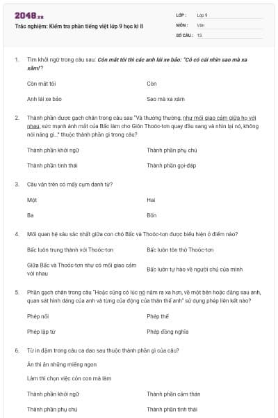 Trắc nghiệm: Kiểm tra phần tiếng việt lớp 9 học kì II