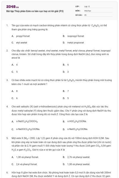 Bài tập Thủy phân Este cơ bản cực hay có lời giải (P3)