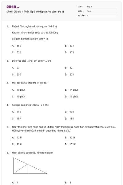 Đề thi Giữa kì 1 Toán lớp 3 có đáp án (cơ bản - Đề 1)