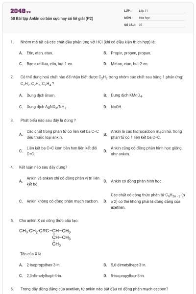 50 Bài tập Ankin cơ bản cực hay có lời giải (P2)