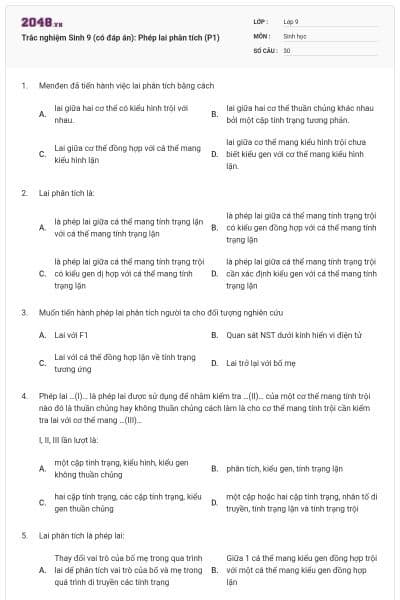 Trắc nghiệm Sinh 9 (có đáp án): Phép lai phân tích (P1)
