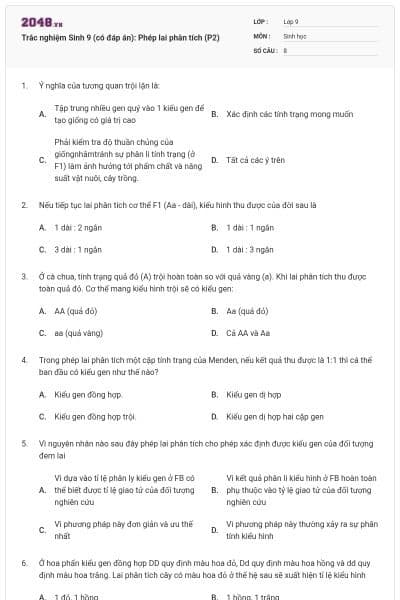 Trắc nghiệm Sinh 9 (có đáp án): Phép lai phân tích (P2)