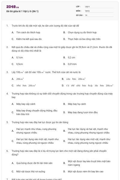 Đề thi giữa kì 1 Vật Lí 6 (Đề 1)