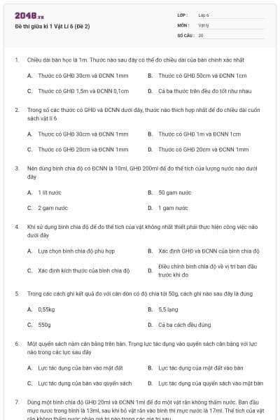 Đề thi giữa kì 1 Vật Lí 6 (Đề 2)