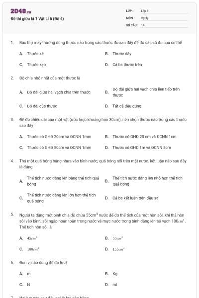 Đề thi giữa kì 1 Vật Lí 6 (Đề 4)