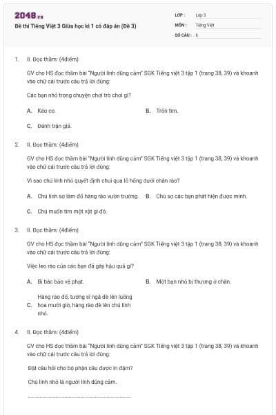 Đề thi Tiếng Việt 3 Giữa học kì 1 có đáp án (Đề 3)