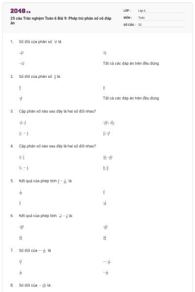 25 câu Trắc nghệm Toán 6 Bài 9: Phép trừ phân số có đáp án