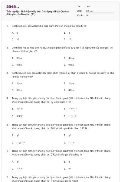 Trắc nghiệm Sinh 9 (có đáp án): Các dạng bài tập Quy luật di truyền của Menđen (P1)