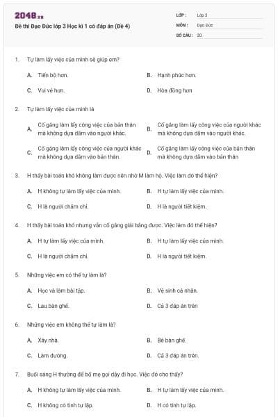 Đề thi Đạo Đức lớp 3 Học kì 1 có đáp án (Đề 4)