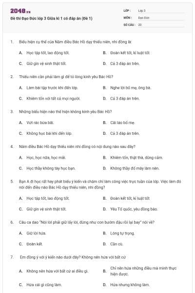 Đề thi Đạo Đức lớp 3 Giữa kì 1 có đáp án (Đề 1)