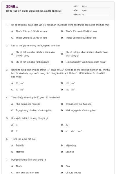 Đề thi Học kì 1 Vật Lí lớp 6 chọn lọc, có đáp án (Đề 3)