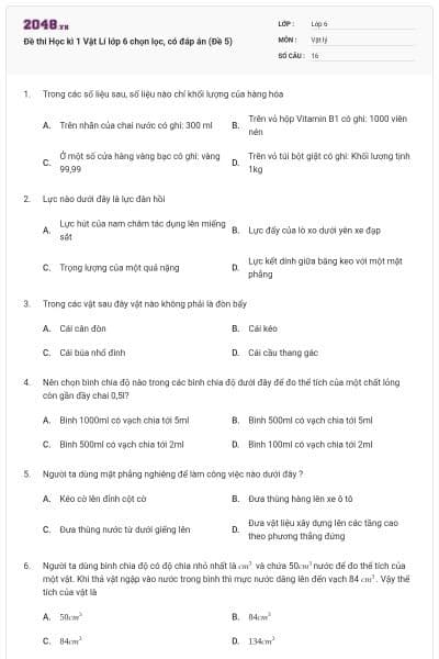 Đề thi Học kì 1 Vật Lí lớp 6 chọn lọc, có đáp án (Đề 5)