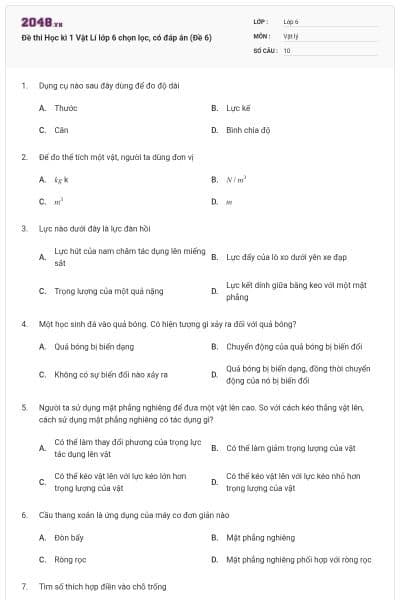 Đề thi Học kì 1 Vật Lí lớp 6 chọn lọc, có đáp án (Đề 6)