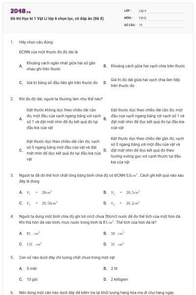 Đề thi Học kì 1 Vật Lí lớp 6 chọn lọc, có đáp án (Đề 8)
