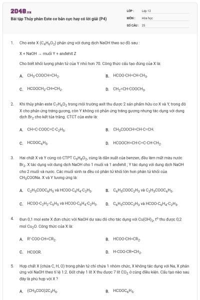Bài tập Thủy phân Este cơ bản cực hay có lời giải (P4)