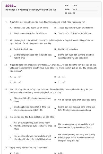 Đề thi Học kì 1 Vật Lí lớp 6 chọn lọc, có đáp án (Đề 10)