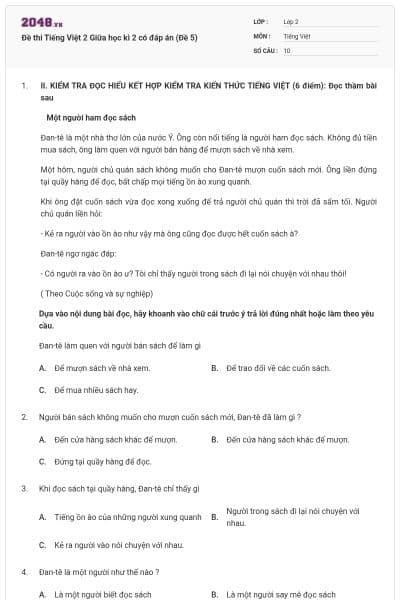 Đề thi Tiếng Việt 2 Giữa học kì 2 có đáp án (Đề 5)
