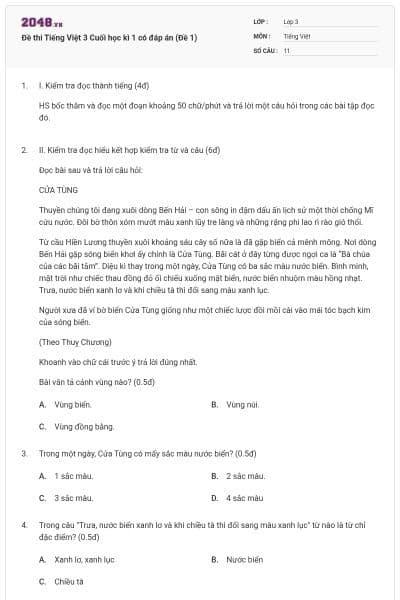 Đề thi Tiếng Việt 3 Cuối học kì 1 có đáp án (Đề 1)