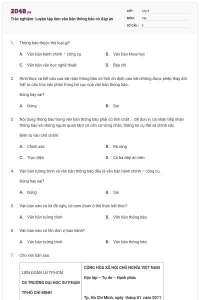 Trắc nghiệm: Luyện tập làm văn bản thông báo có đáp án