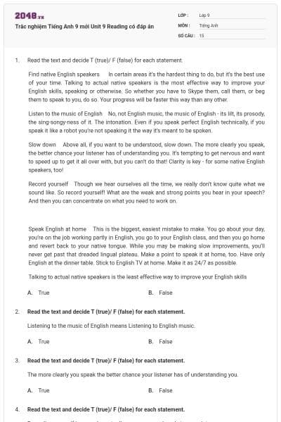 Trắc nghiệm Tiếng Anh 9 mới Unit 9 Reading có đáp án