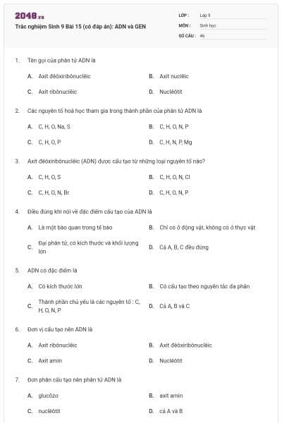 Trắc nghiệm Sinh 9 Bài 15 (có đáp án): ADN và GEN