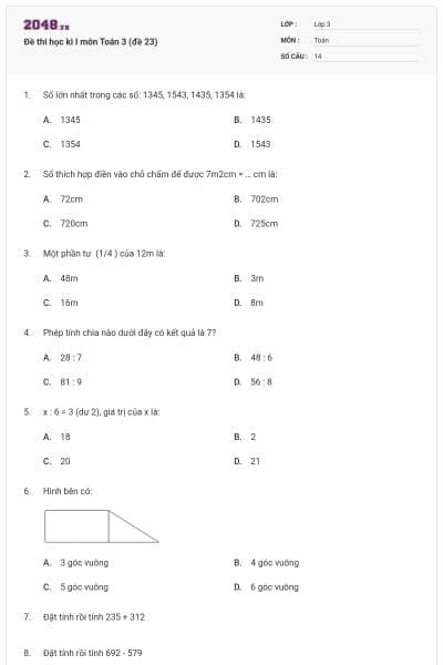 Đề thi học kì I môn Toán 3 (đề 23)