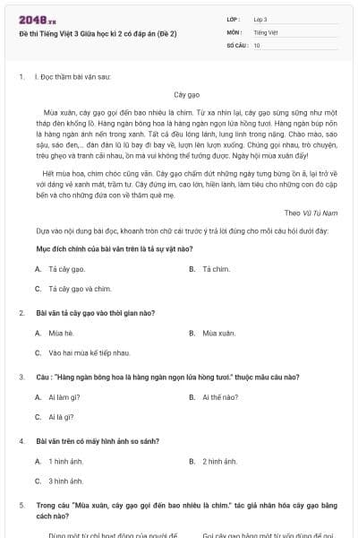 Đề thi Tiếng Việt 3 Giữa học kì 2 có đáp án (Đề 2)
