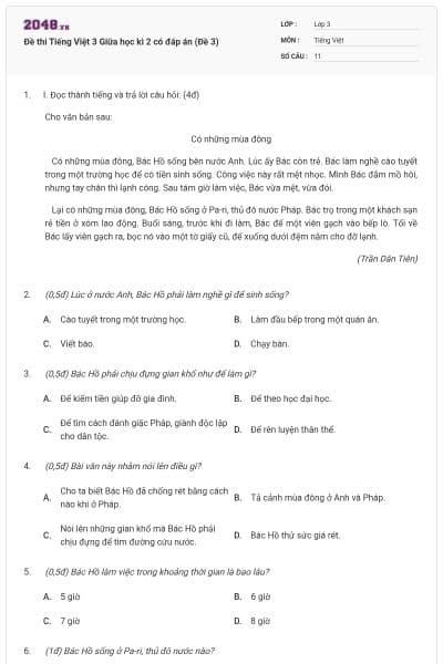Đề thi Tiếng Việt 3 Giữa học kì 2 có đáp án (Đề 3)