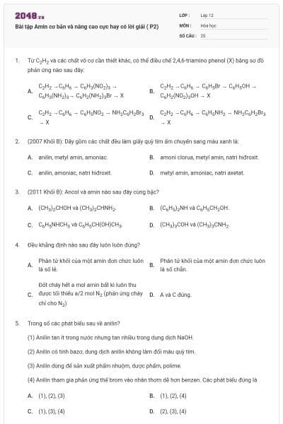 Bài tập Amin cơ bản và nâng cao cực hay có lời giải ( P2)